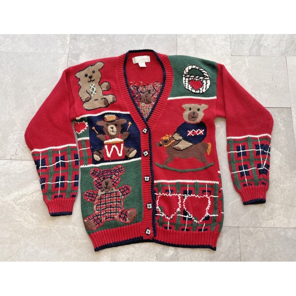 ID Distinctions Red Ugly Christmas Sweater Button Up Holiday Bears Sz S Granny